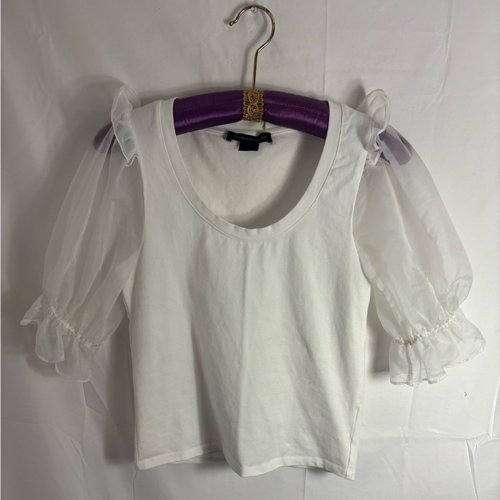 White Sheer Puff Sleeve Scoop Neck‎ Coquette Feminine Cotton/Spandex Top Size S
